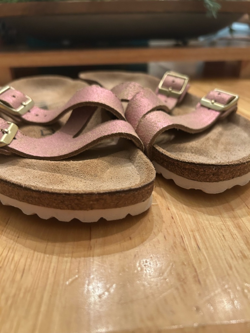 BIRKENSTOCK antique washed Metallic Pink Suede Double Strap Cork Sandals 40/9